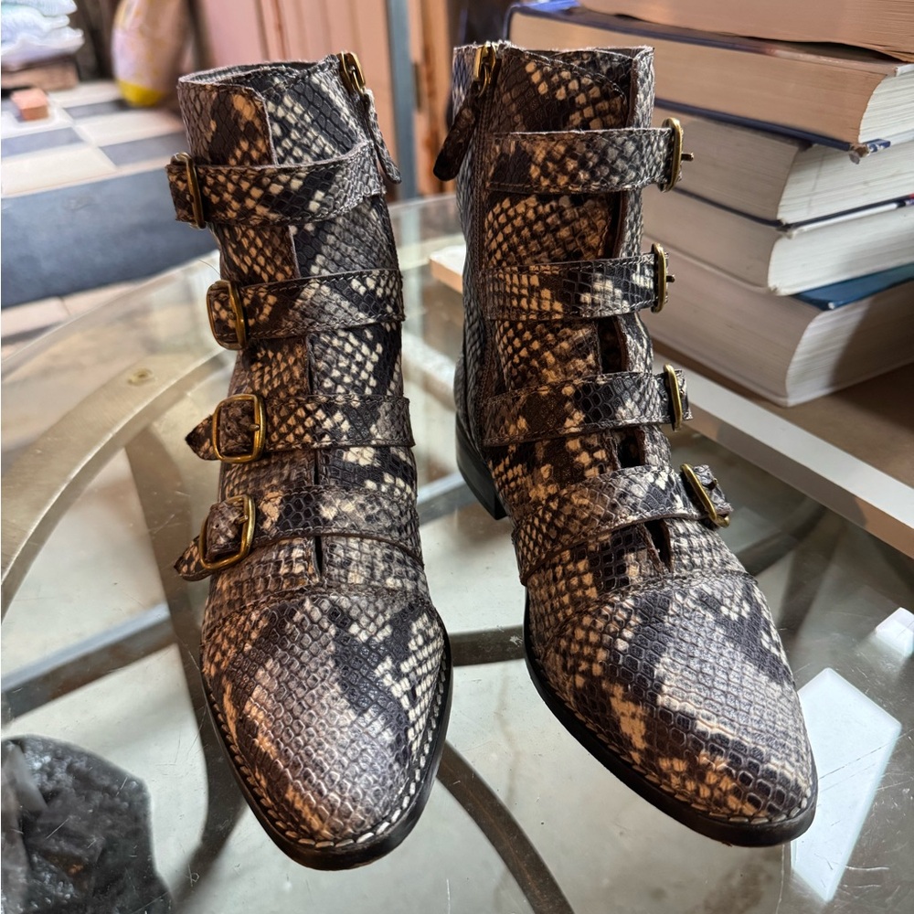 J. Crew Multi-Buckle Snakeskin Ankle Boots